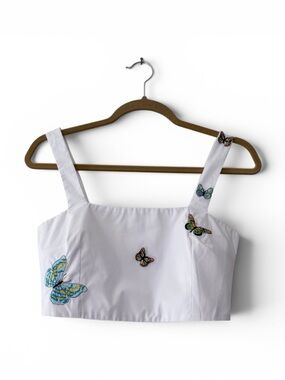 FANM MON Derin Butterfly Embroidered Cotton Crop Top White XS NWT